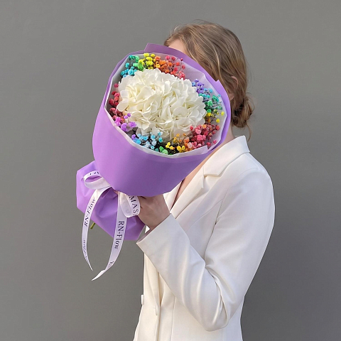 Букет цветов. Гортензия Белая, Гипсофила Белая.